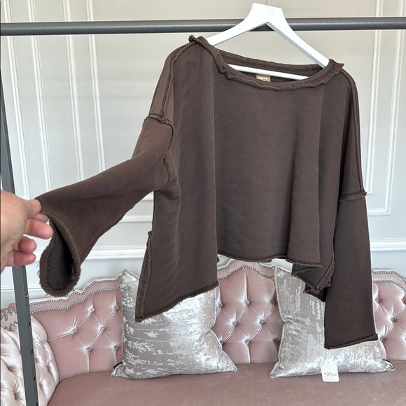 NWT FREE PEOPLE New Haven Pullover Brown Distressed Sweatshirt SIZE M - Picture 7 of 12
